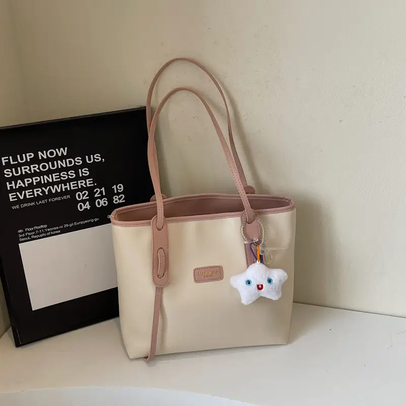Women's Cream Brown Crossbody Tote Bag with Cute Charm - Image 3