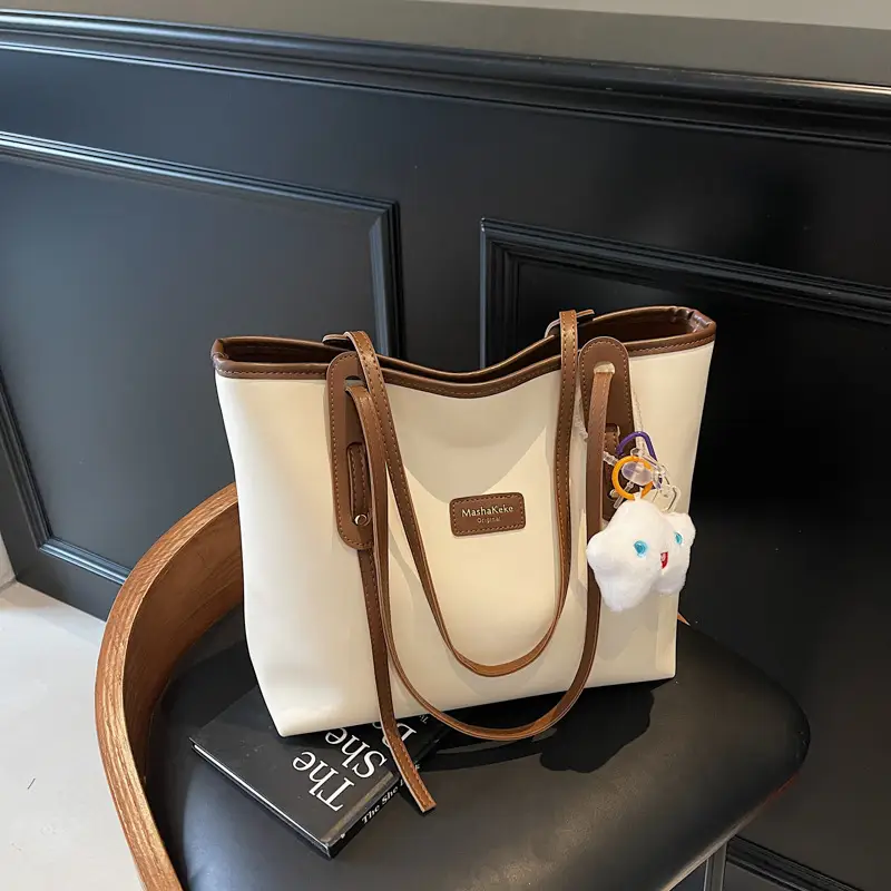 Women's Cream Brown Crossbody Tote Bag with Cute Charm - Image 4