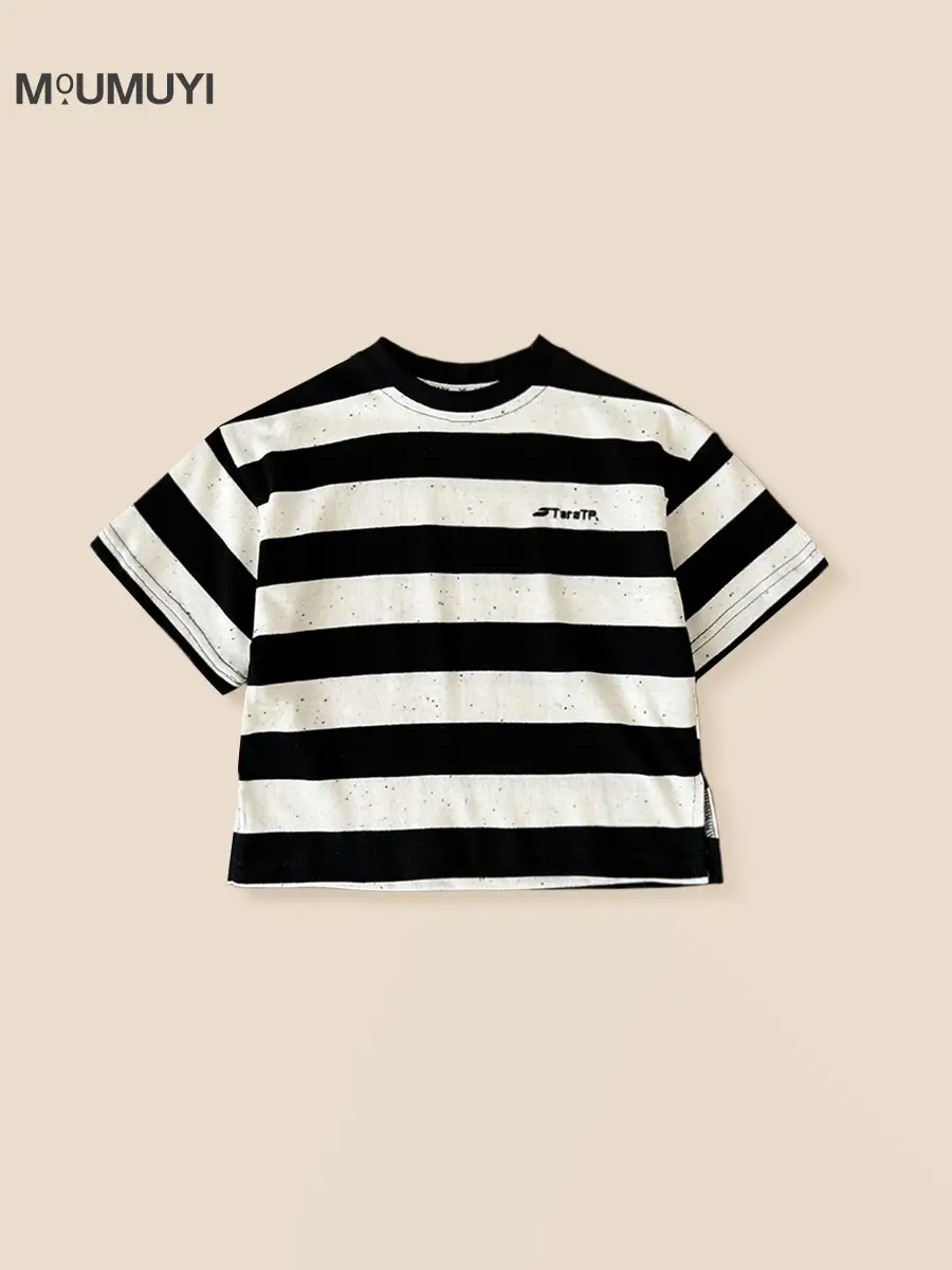 Summer Boys Crewneck Striped T-shirt Top - Image 2