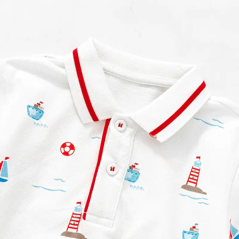 Boys' White Polo T-Shirt with Lighthouse & Sailboat Print - Image 3