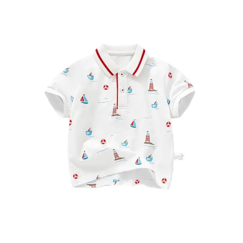 Boys' White Polo T-Shirt with Lighthouse & Sailboat Print - Image 5