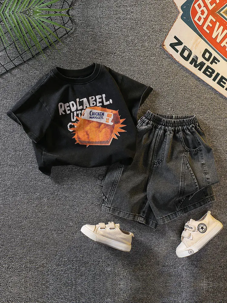 Boys Black Graphic T-Shirt Shorts Set 2026