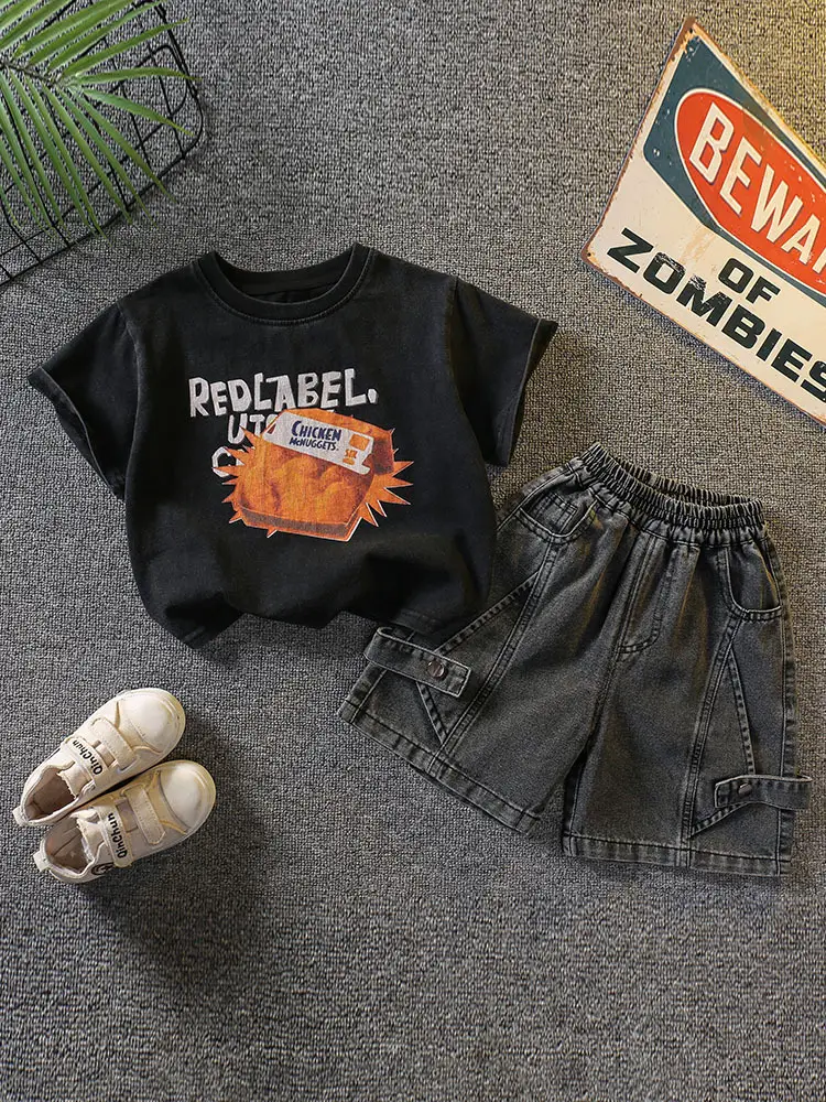 Boys Black Graphic T-Shirt Shorts Set 2026