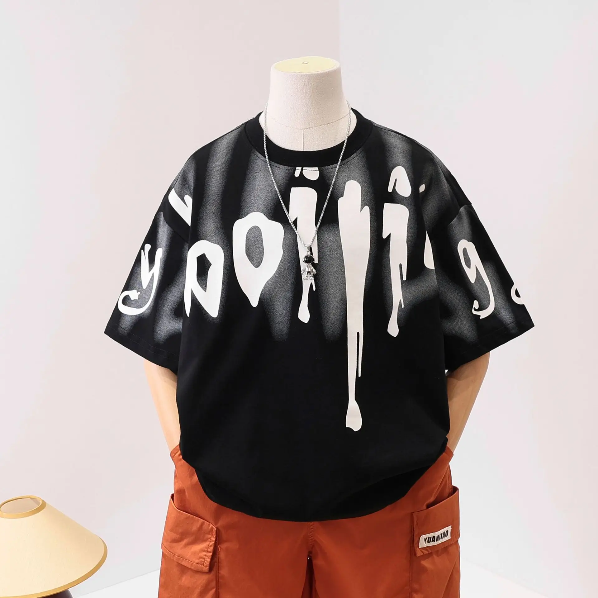 Boys Summer T-Shirt White Black Graphic Large 2026 - Image 3