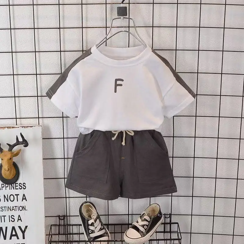 New Boys Summer Letter T-Shirt Shorts Set White Black - Image 5