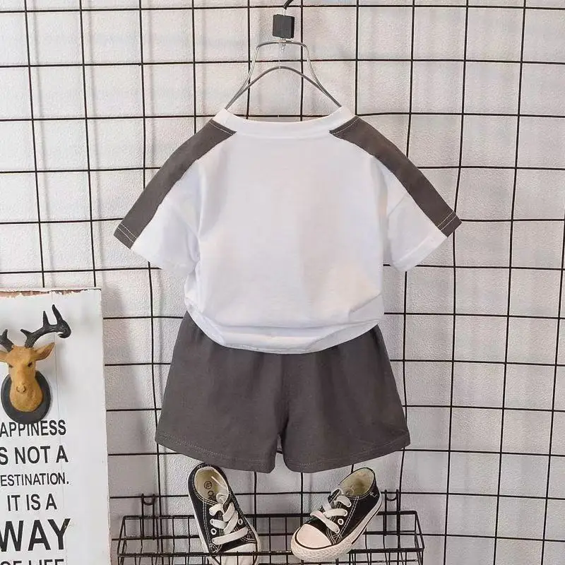 New Boys Summer Letter T-Shirt Shorts Set White Black - Image 7