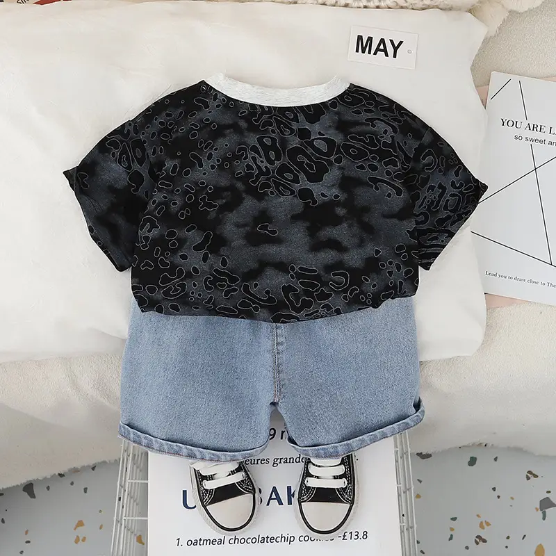 Boys Cotton Patchwork T-Shirt Shorts Set Black Light Shorts - Image 5