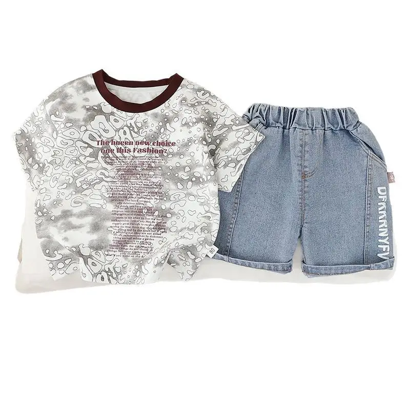 Boys Cotton Patchwork T-Shirt Shorts Set Black Light Shorts - Image 6