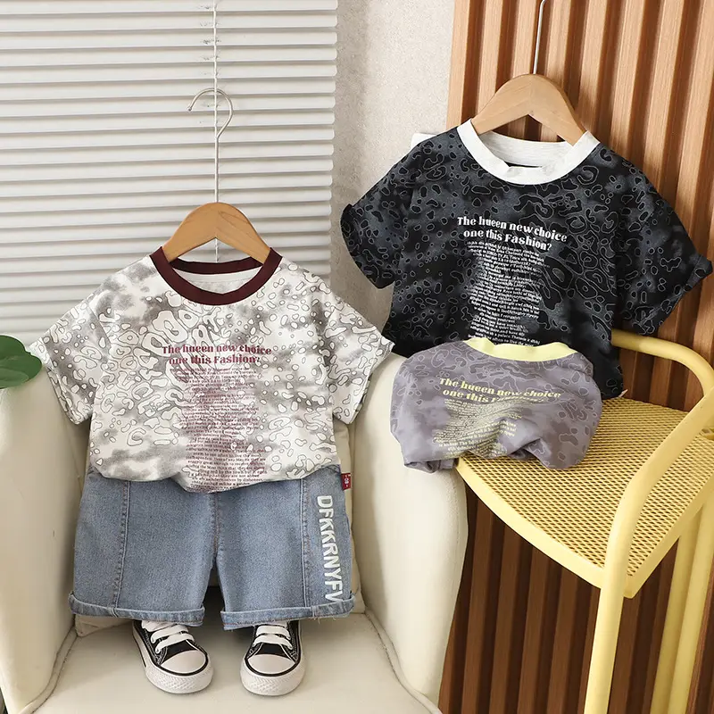 Boys Cotton Patchwork T-Shirt Shorts Set Black Light Shorts — feature 1