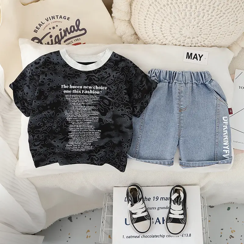 Boys Cotton Patchwork T-Shirt Shorts Set Black Light Shorts — feature 2