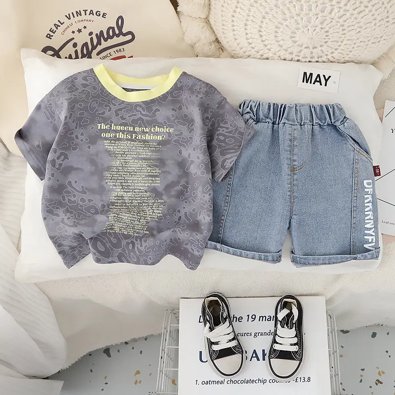 Boys Cotton Patchwork T-Shirt Shorts Set Black Light Shorts — feature 3