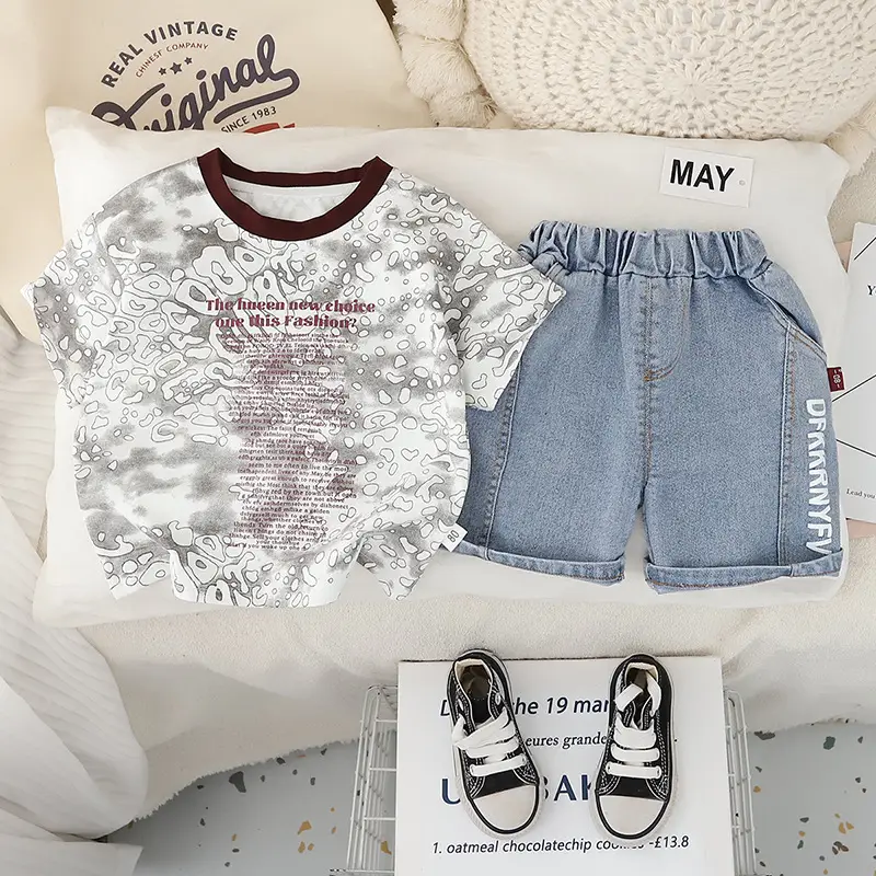 Boys Cotton Patchwork T-Shirt Shorts Set Black Light Shorts - Image 3