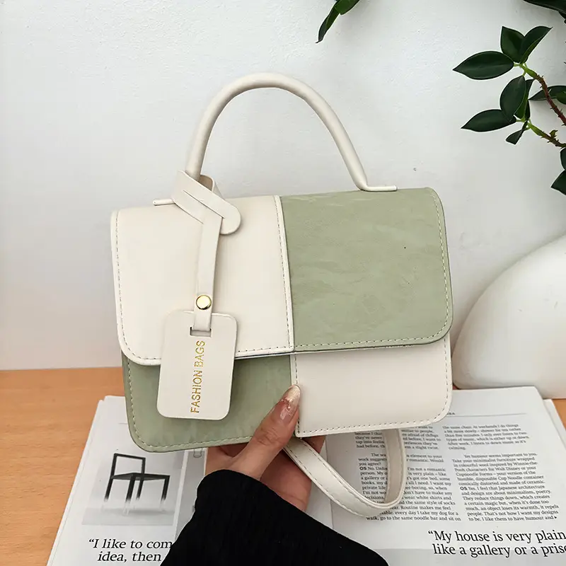 Women Spliced Texture Bag White Green One Shoulder - Image 6