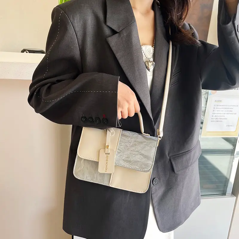 Women Spliced Texture Bag White Green One Shoulder - Image 7