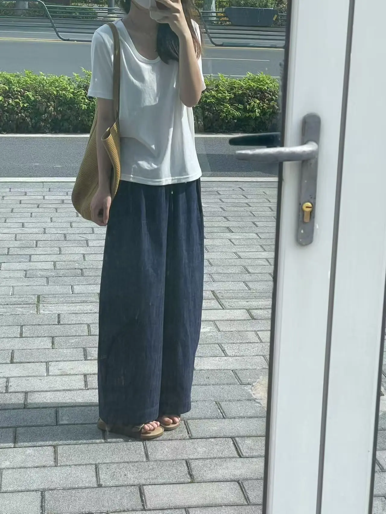 Women's Dark Blue Linen Jeans with Tote Bag