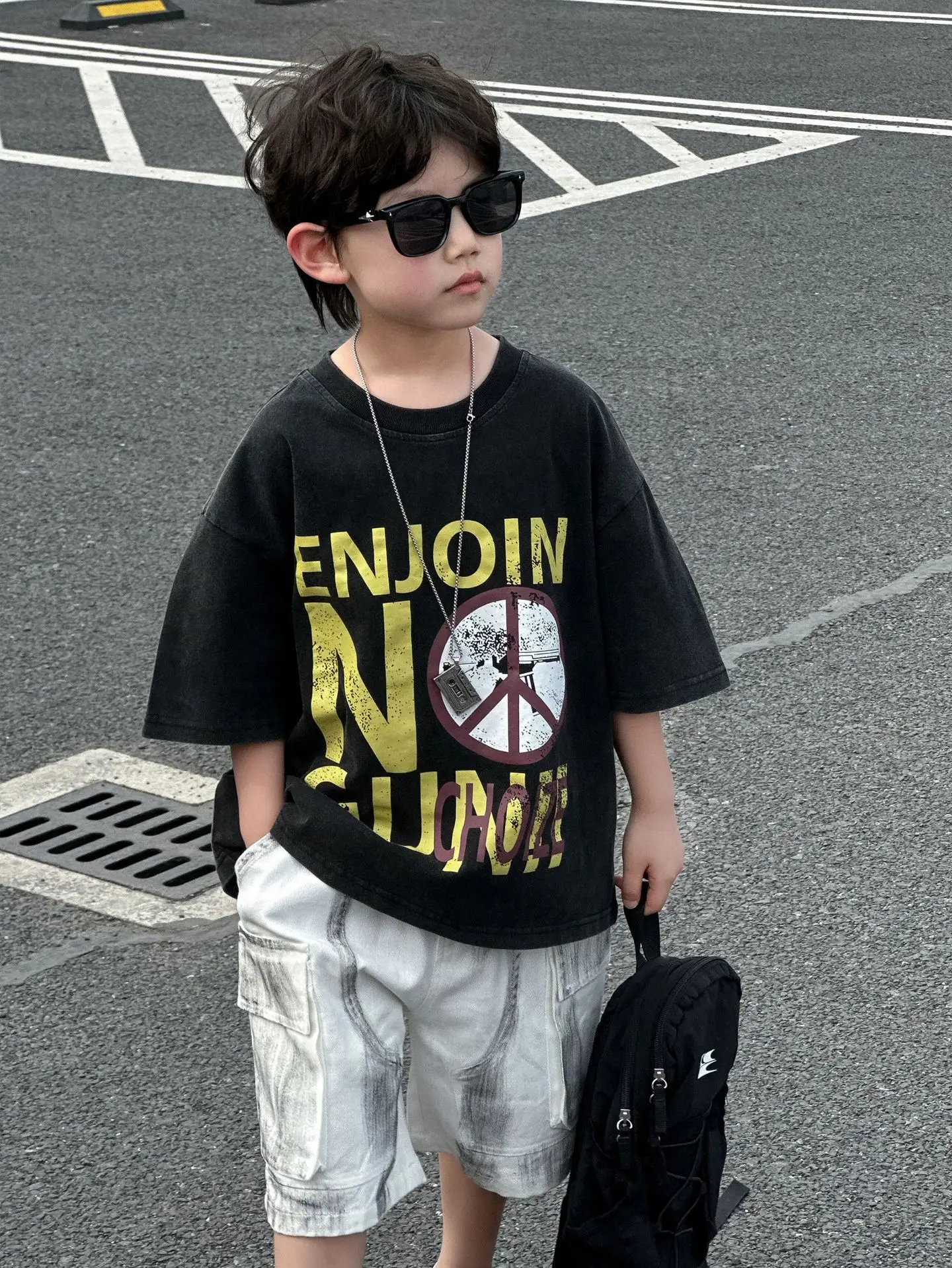 Boys Black Graphic Cotton T-Shirt Summer 2025