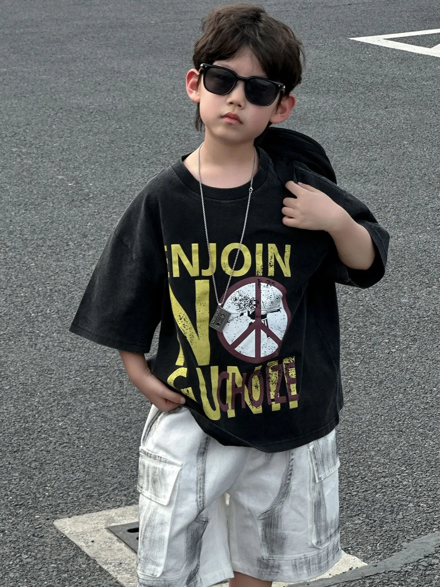 Boys Black Graphic Cotton T-Shirt Summer 2025