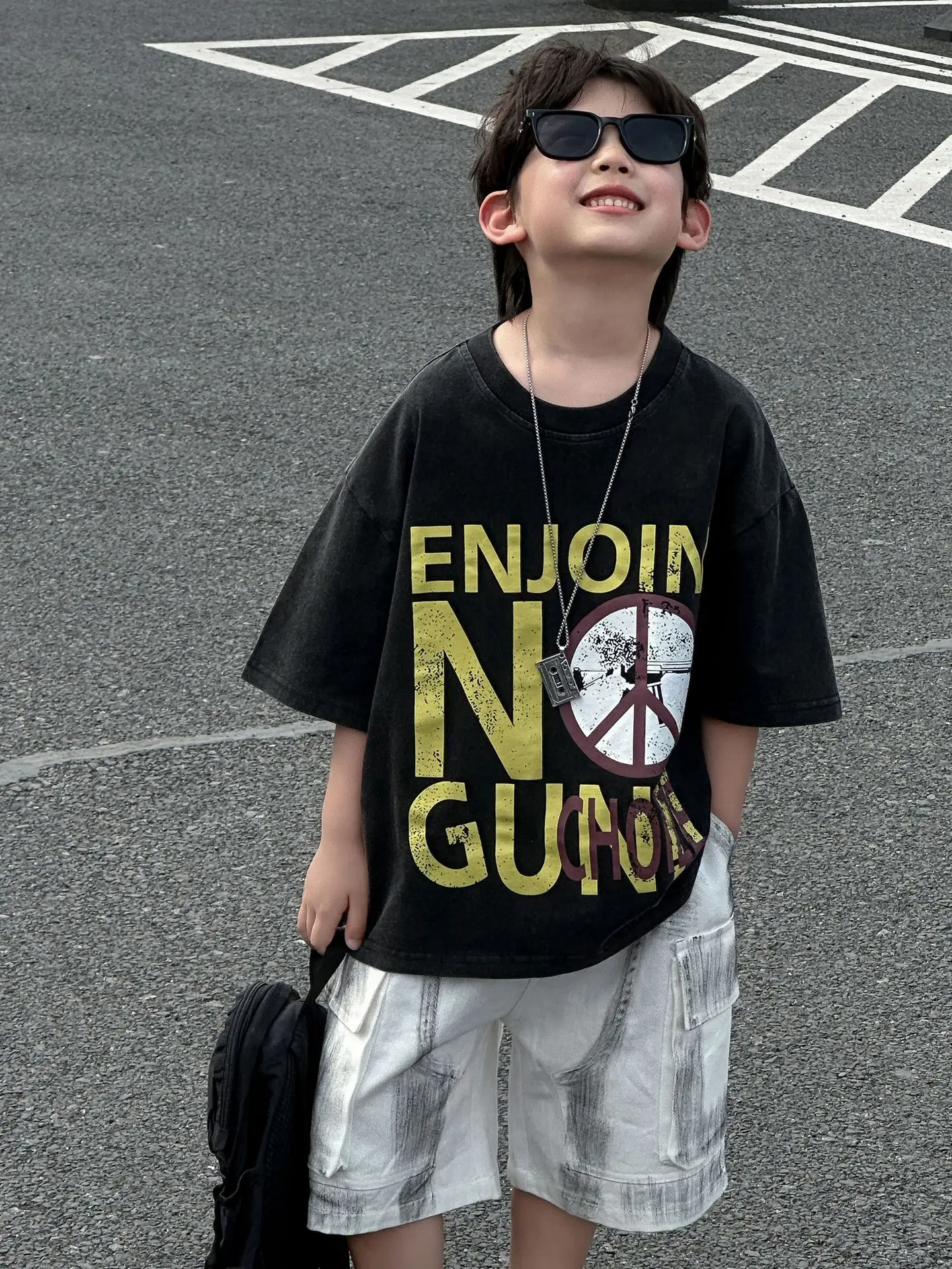 Boys Black Graphic Cotton T-Shirt Summer 2025