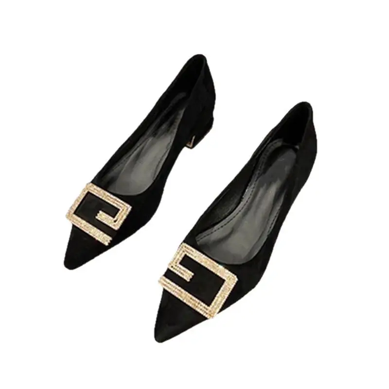 Thick-Heeled Women's Shoes 2026 New Spring and Autumn Pointed Toe Shallow High Heels Comfortable Suede Professional Black Work Shoes