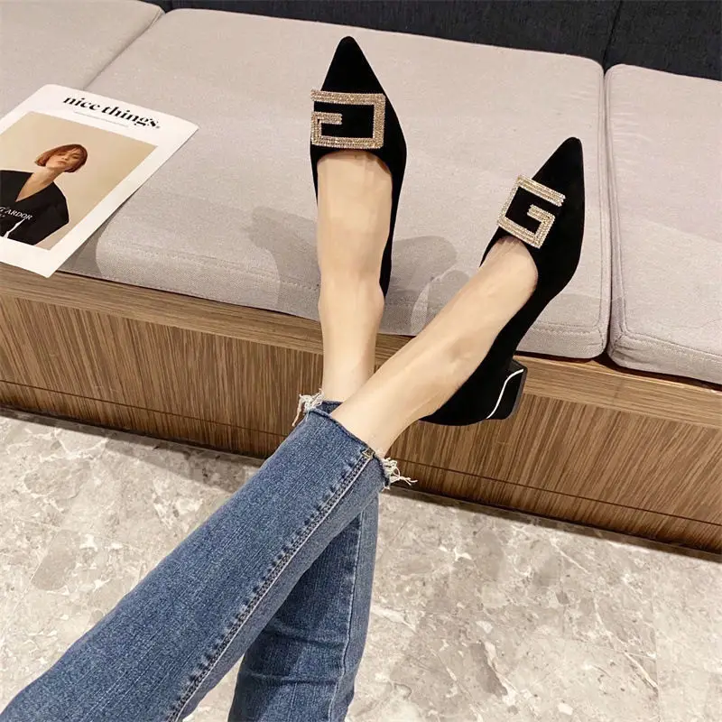 Thick-Heeled Women's Shoes 2026 New Spring and Autumn Pointed Toe Shallow High Heels Comfortable Suede Professional Black Work Shoes — feature 1