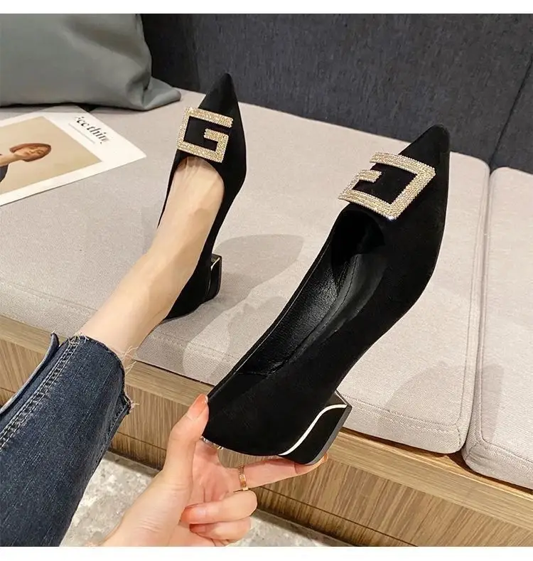 Thick-Heeled Women's Shoes 2026 New Spring and Autumn Pointed Toe Shallow High Heels Comfortable Suede Professional Black Work Shoes — feature 3