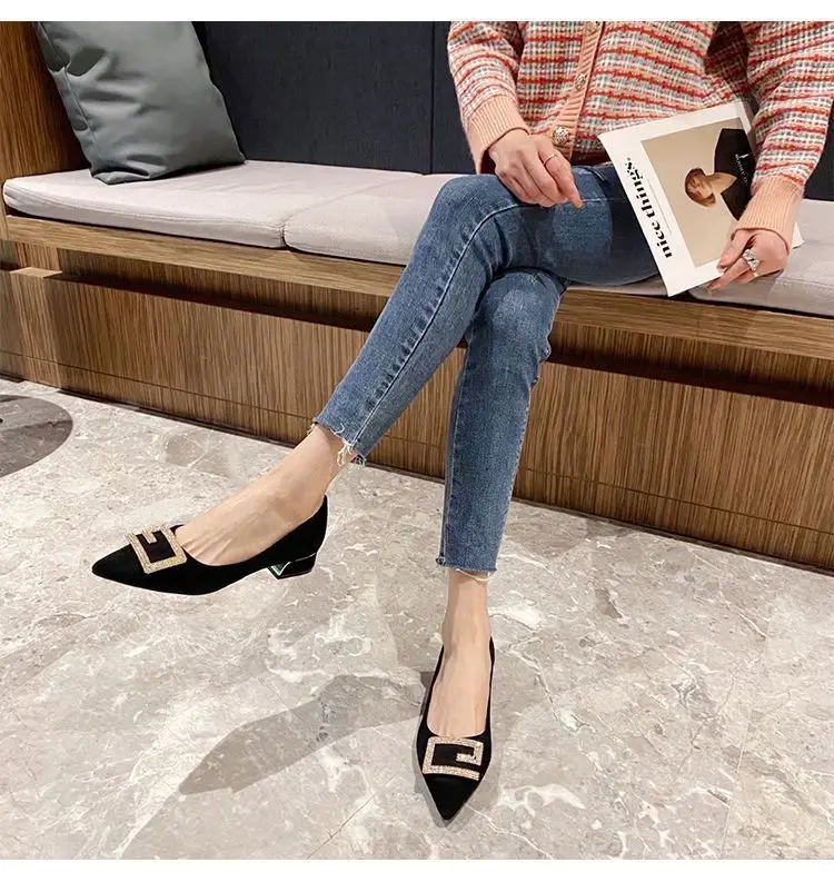 Thick-Heeled Women's Shoes 2026 New Spring and Autumn Pointed Toe Shallow High Heels Comfortable Suede Professional Black Work Shoes — feature 5