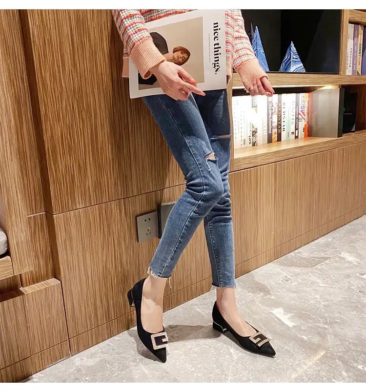 Thick-Heeled Women's Shoes 2026 New Spring and Autumn Pointed Toe Shallow High Heels Comfortable Suede Professional Black Work Shoes — feature 7