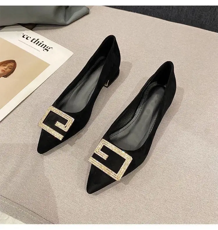 Thick-Heeled Women's Shoes 2026 New Spring and Autumn Pointed Toe Shallow High Heels Comfortable Suede Professional Black Work Shoes — feature 8