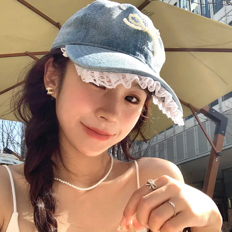 Women Denim Baseball Cap Pearl Bow Lace Trim
