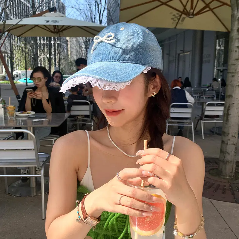 Women Denim Baseball Cap Pearl Bow Lace Trim