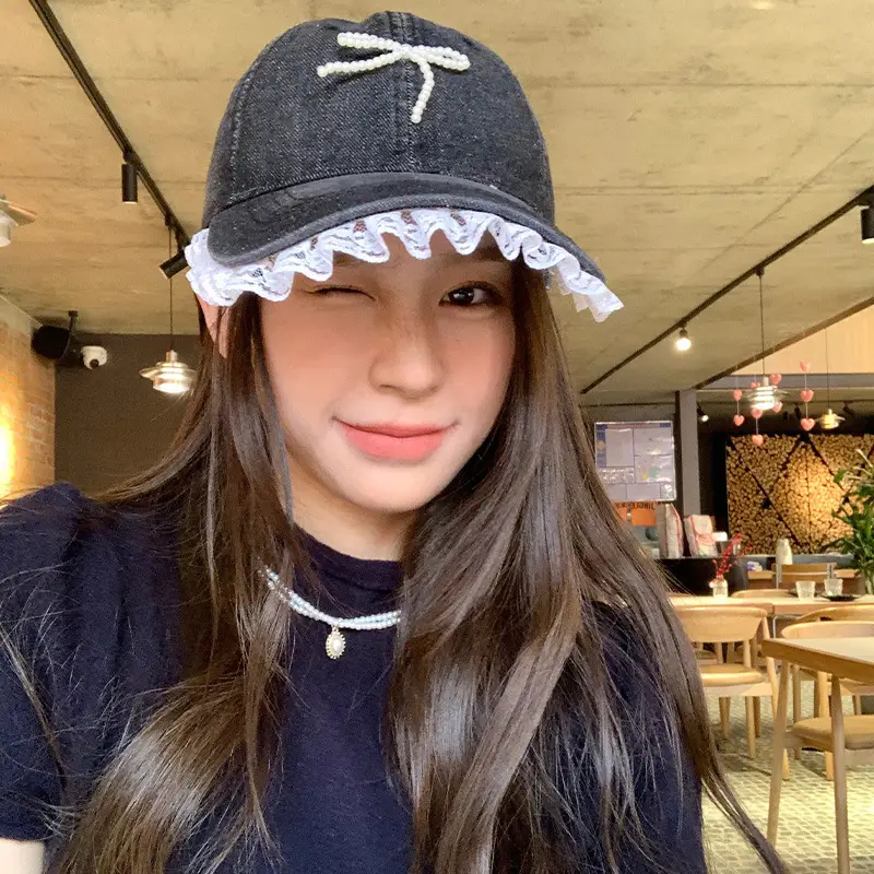 Women Denim Baseball Cap Pearl Bow Lace Trim