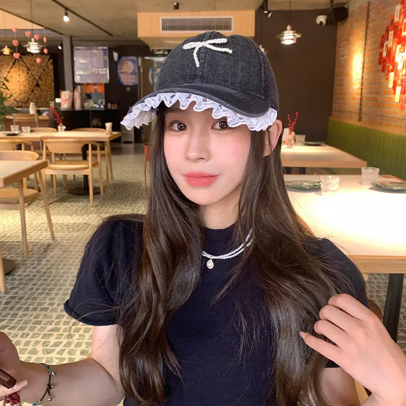 Women Denim Baseball Cap Pearl Bow Lace Trim
