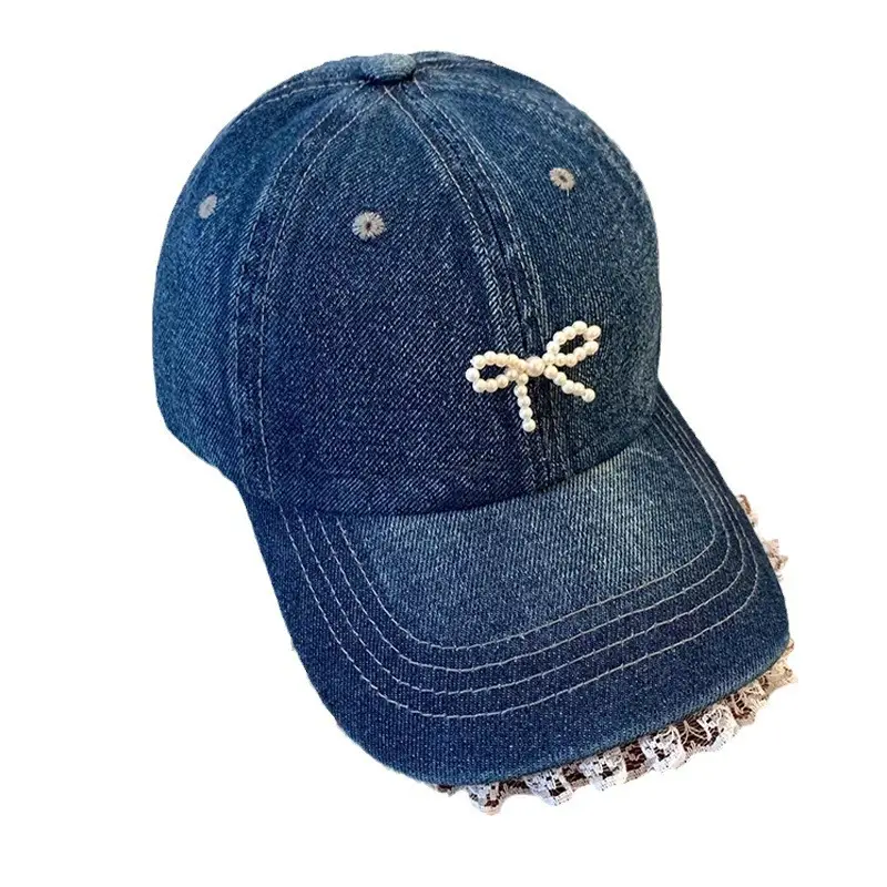 Women Denim Baseball Cap Pearl Bow Lace Trim