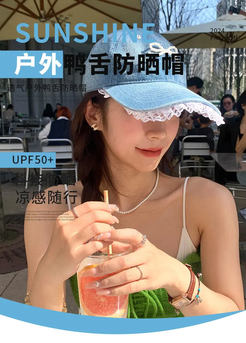 Women Denim Baseball Cap Pearl Bow Lace Trim — feature 4