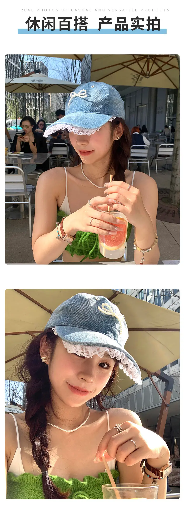 Women Denim Baseball Cap Pearl Bow Lace Trim — feature 7