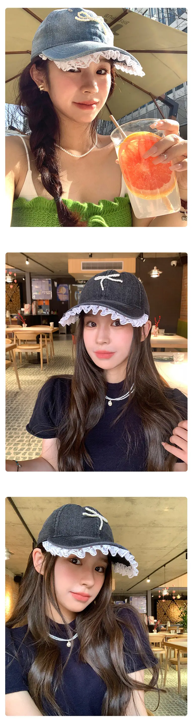 Women Denim Baseball Cap Pearl Bow Lace Trim — feature 8