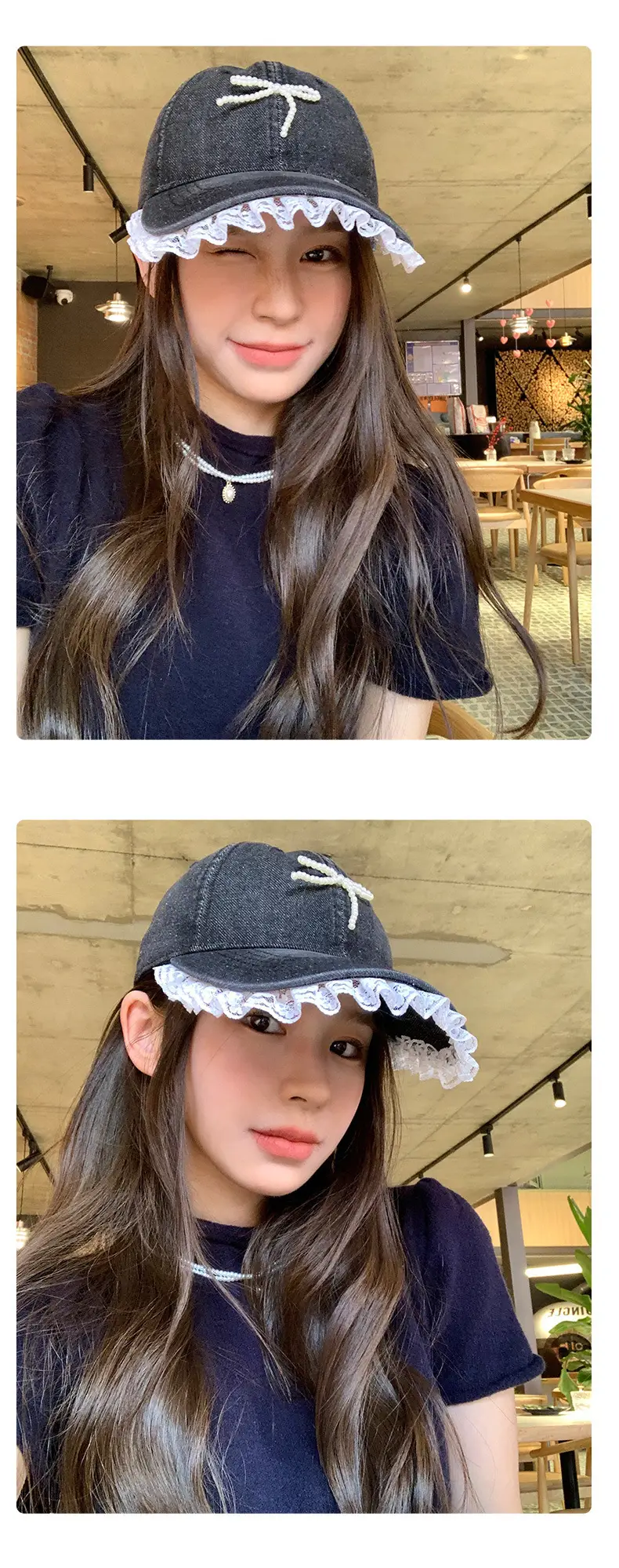 Women Denim Baseball Cap Pearl Bow Lace Trim — feature 9