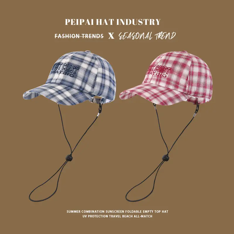 Women Plaid Straw Sunhat Wide Brim Drawstring Cap — feature 2
