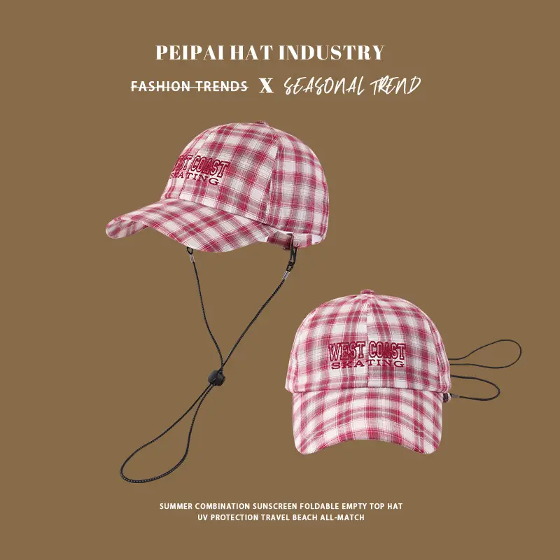 Women Plaid Straw Sunhat Wide Brim Drawstring Cap — feature 5