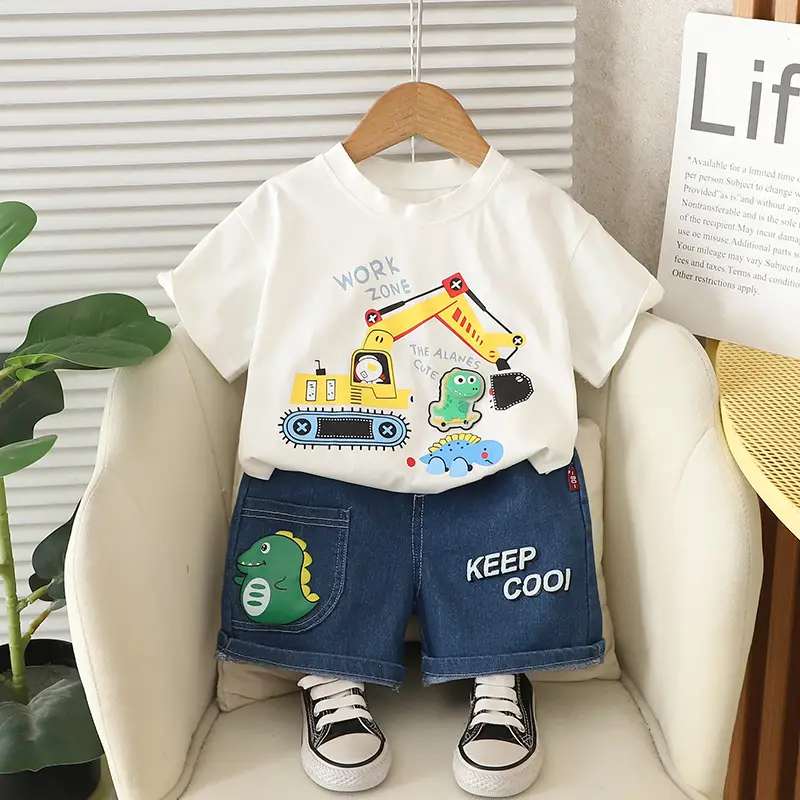 Boys Cartoon Excavator T-Shirt Shorts Set Summer - Image 7