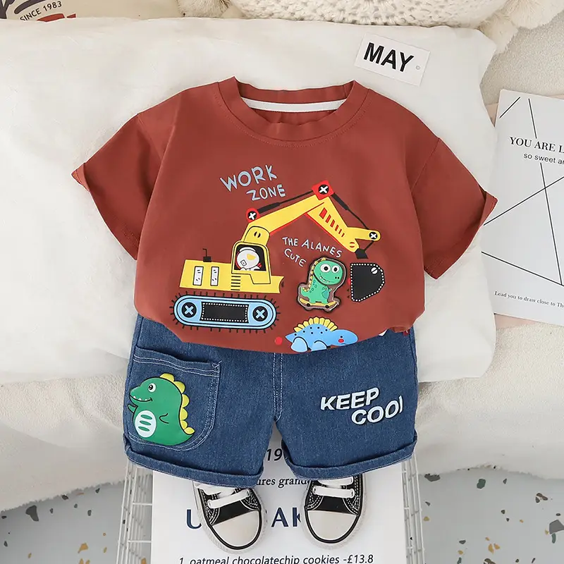 Boys Cartoon Excavator T-Shirt Shorts Set Summer - Image 2