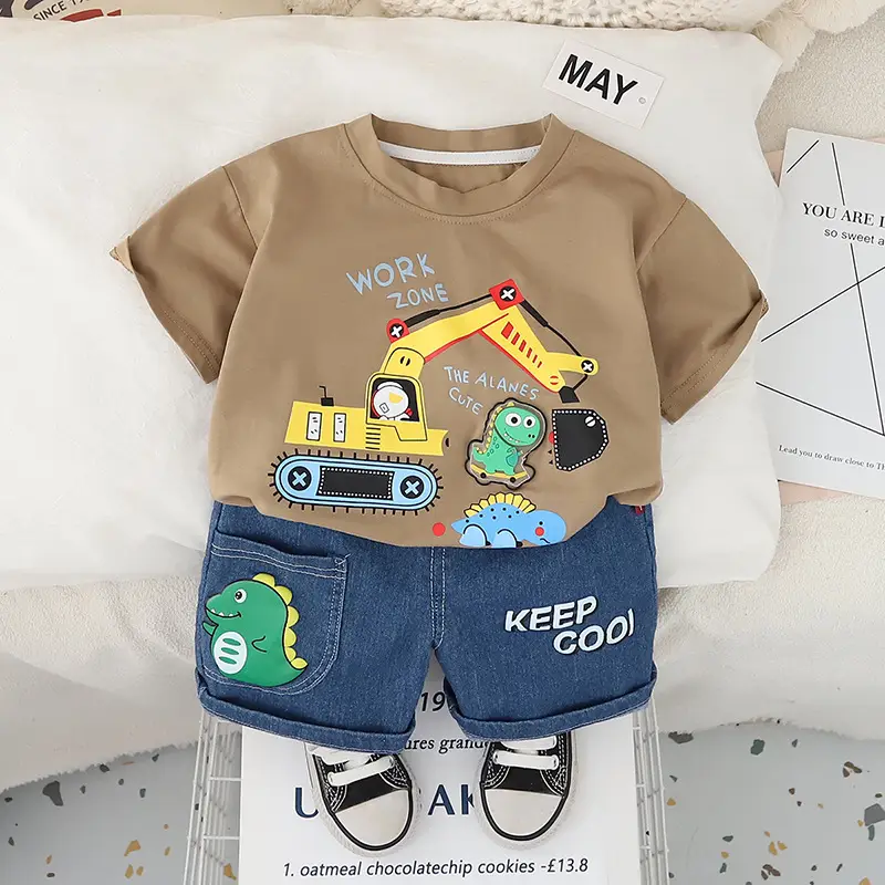Boys Cartoon Excavator T-Shirt Shorts Set Summer - Image 3