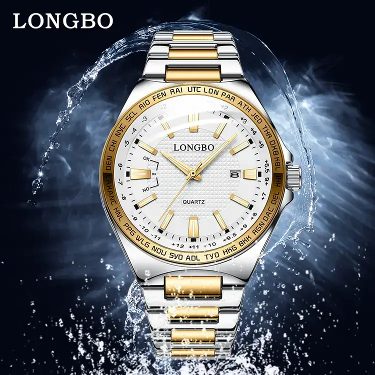 Longbo Luminous Waterproof Men's Quartz Watch Gold Silver