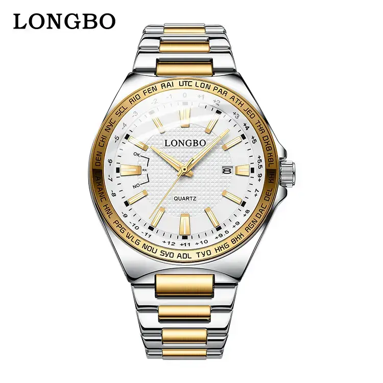 Longbo Luminous Waterproof Men's Quartz Watch Gold Silver