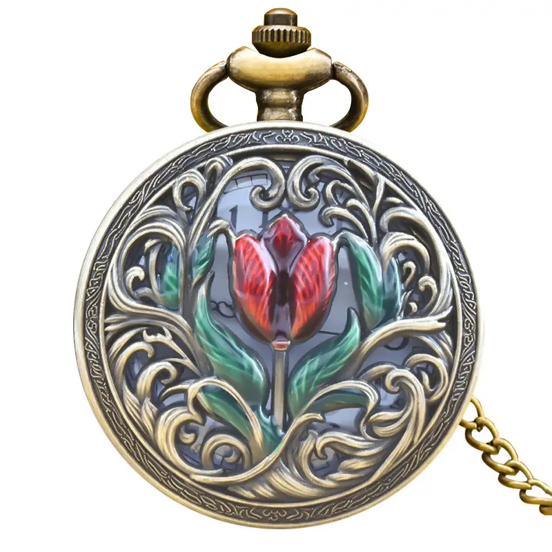 Vintage Floral Pocket Watch with Chain Strap for Men Women - Image 4