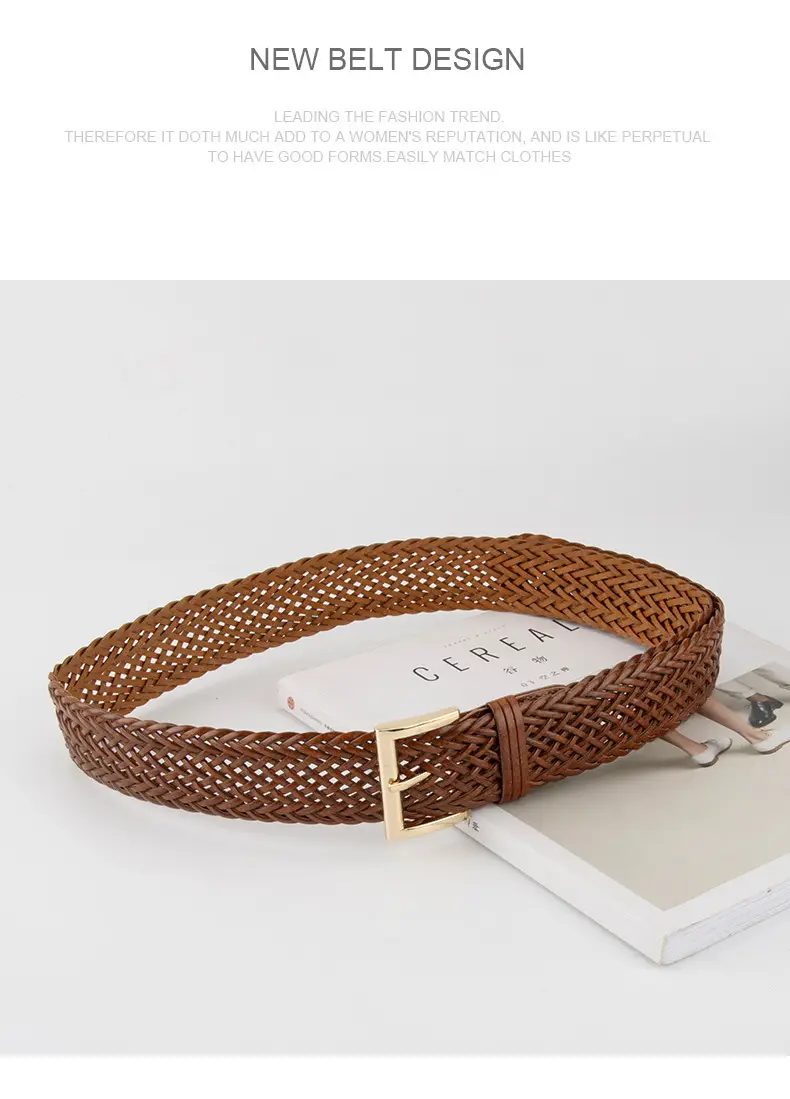 Brown Woven Belt for Women with Gold Buckle — feature 12
