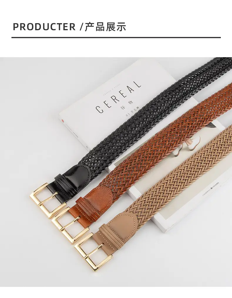 Brown Woven Belt for Women with Gold Buckle — feature 9