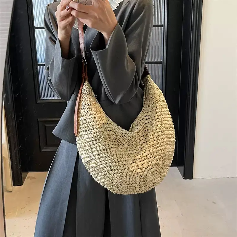 Women's U-Shaped Straw Crossbody Bag with Leather Strap - Image 4