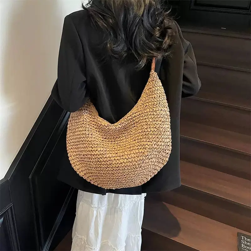 Women's U-Shaped Straw Crossbody Bag with Leather Strap - Image 5