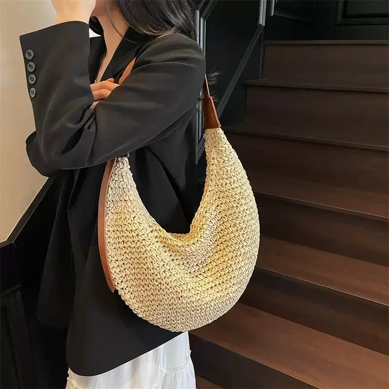 Women's U-Shaped Straw Crossbody Bag with Leather Strap - Image 6